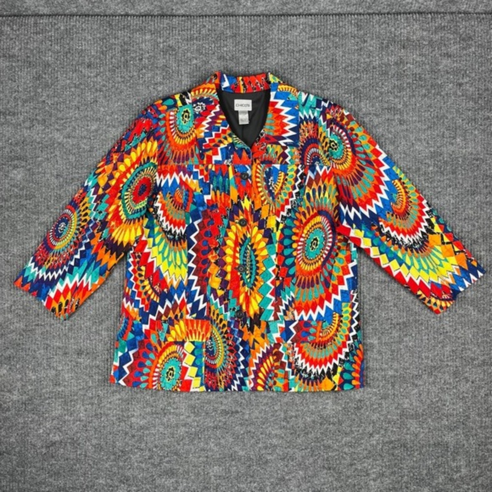 Chicos‎ Jacket Womens 3/XL Vibrant Art to Wear Geometric Print Cotton Pockets